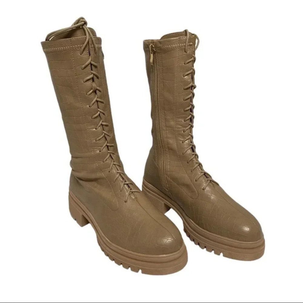 Simmi London Faux Croc Lace Up Calf Boots Chunky Heel Women Size 8 Nude